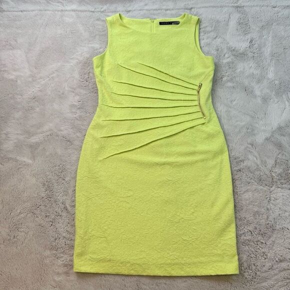Ivanka Trump Size 10 Ruched Sleeveless Yellow Textured Side Zipper Pleated Accen - Picture 2 of 11